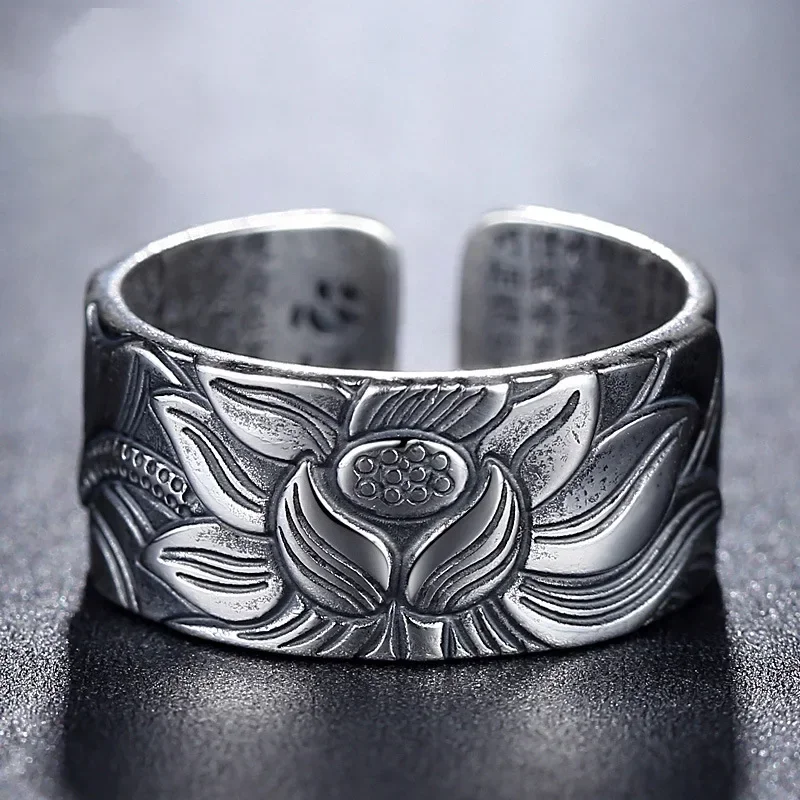 Fashionable Retro Lotus Ring Religious Buddha Lotus Barrow Sutra Open Ring Men's and Women's Daily Accessories