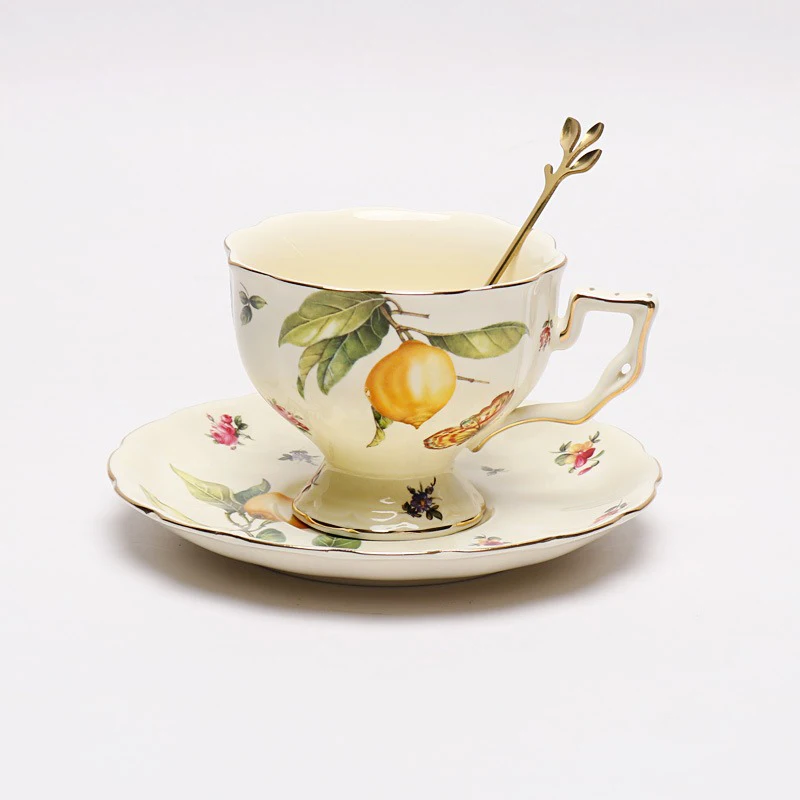 JUSTINLAU Lemon Espresso Cups Elegant Tea Set European Style Tea Cup and Saucers Set Ceramic Mug Coffee Cup Set Dessert Plate