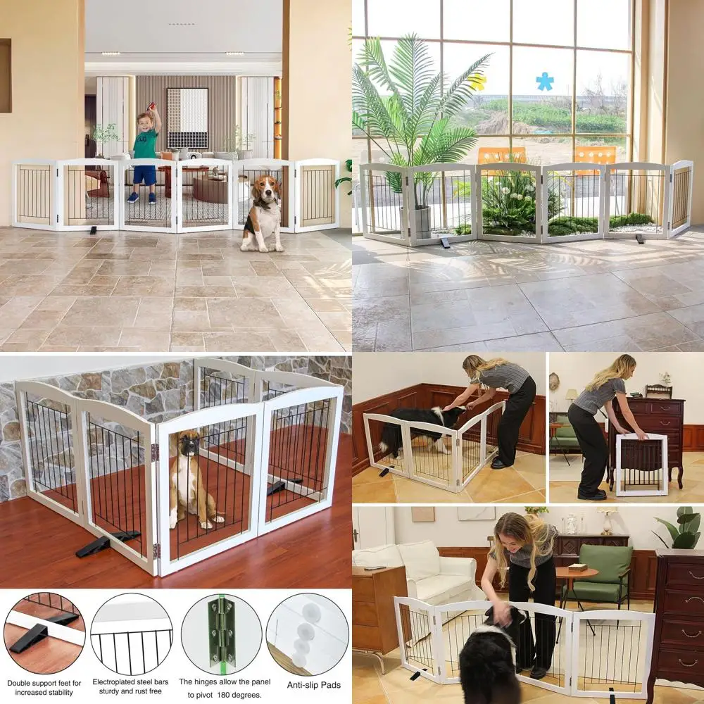 

Отдельностоящие 6-панельные ворота для собак — выдвижной, складной, расширяемый деревянный барьер для домашних животных для внутреннего использования (120x24 дюйма, белый)