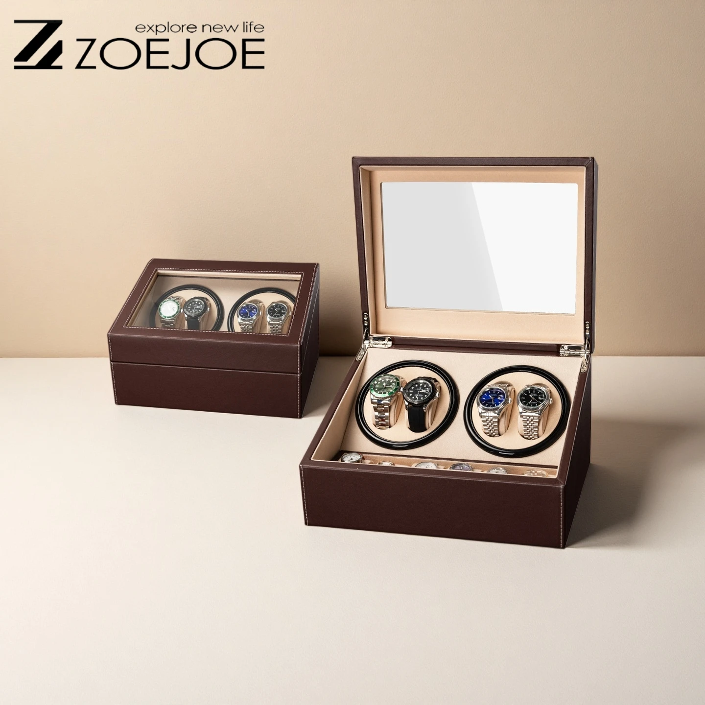 

ZOEJOE Automatic Watch Winder 4 Slots 6 Watch Storage Spaces Quiet Motor Low Noise US Cable Power Watch Winder Birthday Gifts
