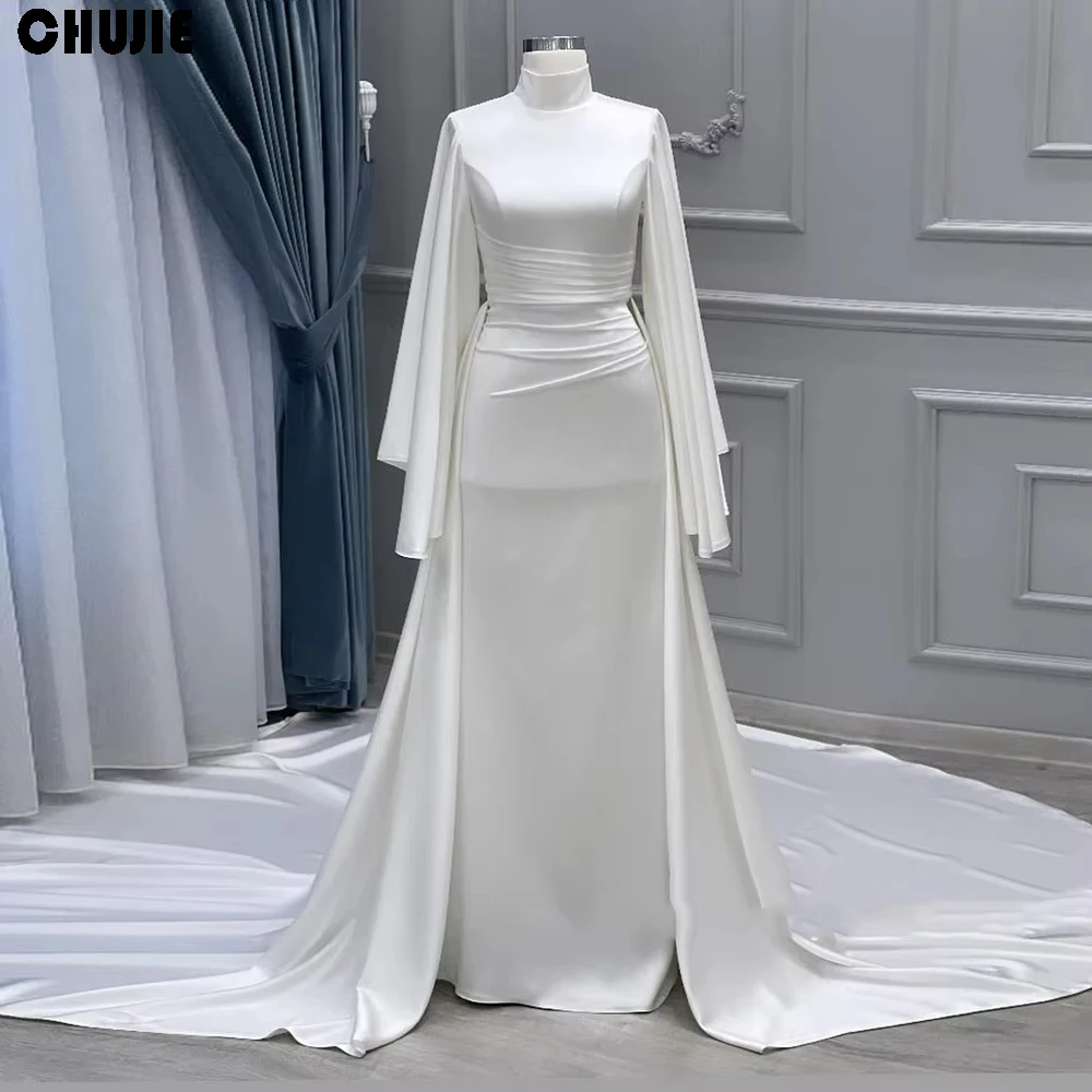 Muslim Wedding Dress Satin High Neck Customized White Arabic Bridal Gown Long Puffy Sleeves Vestido De Noiva فستان الزفاف
