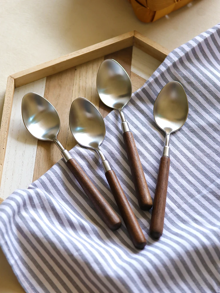 Vintage walnut brushed western tableware 304 stainless steel soup  pointed spoon rice home dinner  Japanese