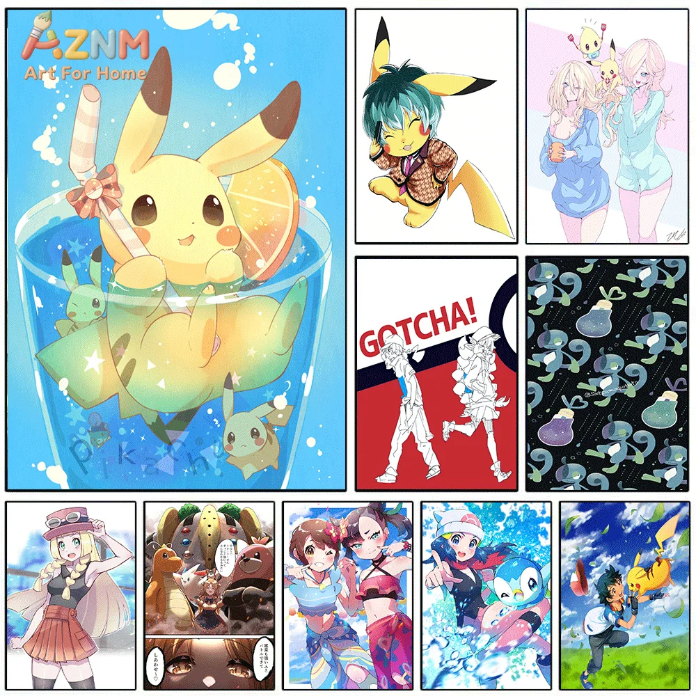 AZNM Pokemon Anime Canvas Wall Art Summer Drink Pikachu Ash Marnie Lillie Piplup Personajes de dibujos animados Impresión HD sin marco C