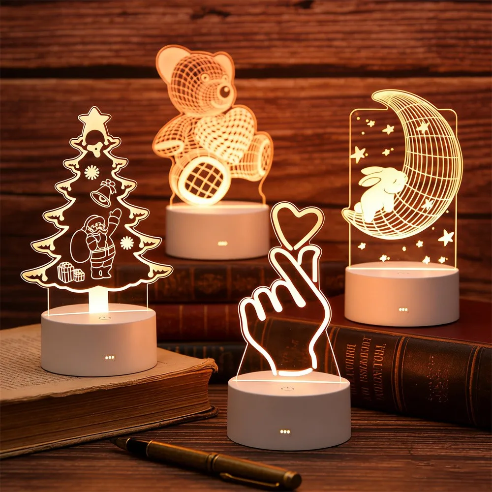 USB 3D Acrylic LED Night Light Novelty Bedroom Bedside Decor Christmas Easter Holiday Birthday Kid Neon Night Lamp Ornaments