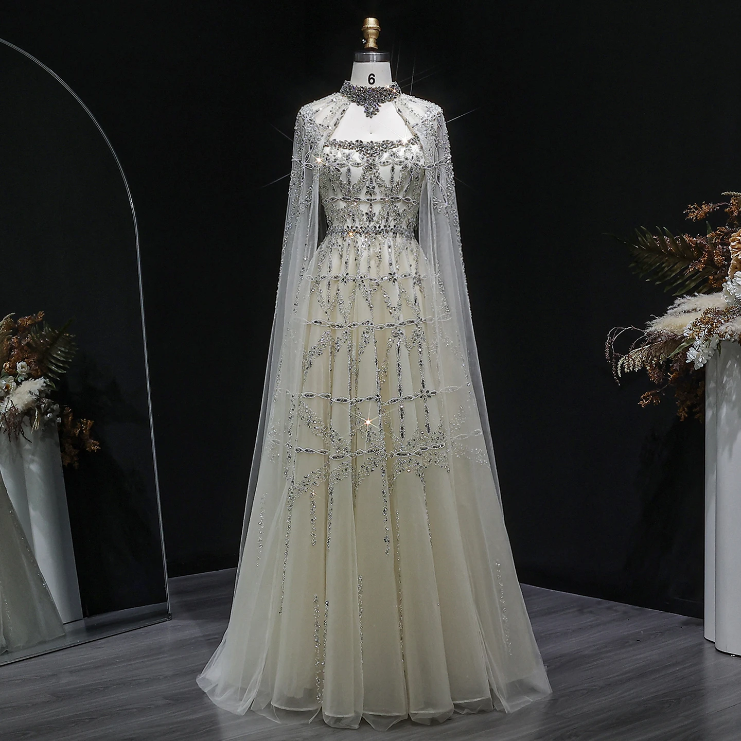 Sharon Said Elegantes A-Linien-Abendkleid mit Perlen und abnehmbarem Cape, Weinrot, Damen-Hochzeits-Party-Ballkleid SS486, Maßanfertigung – Detail 5