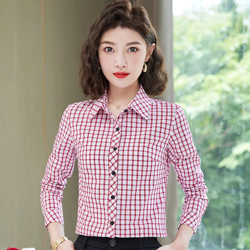 Women'S Fashion Versatile Commuter Long Sleeved Checkered Shirt Spring And Autumn New Middle Aged Mom Pure Cotton Top Female