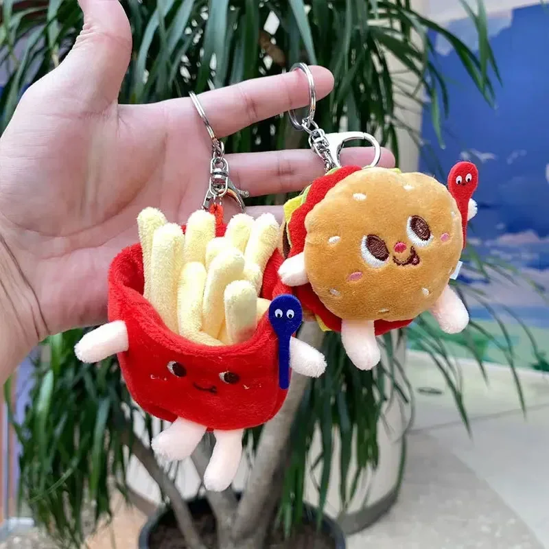 Cute Burger Hot Dog Plush Pendant Keychain Car Key Ring Accessories Decorative Gadget Interior Adorns Ornaments