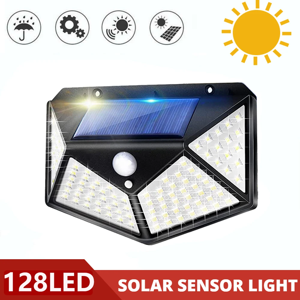 Luces solares de pared para exteriores, lámpara de 5V con Sensor de movimiento, 128 LED, resistente al agua, para decoración de iluminación de calle y jardín