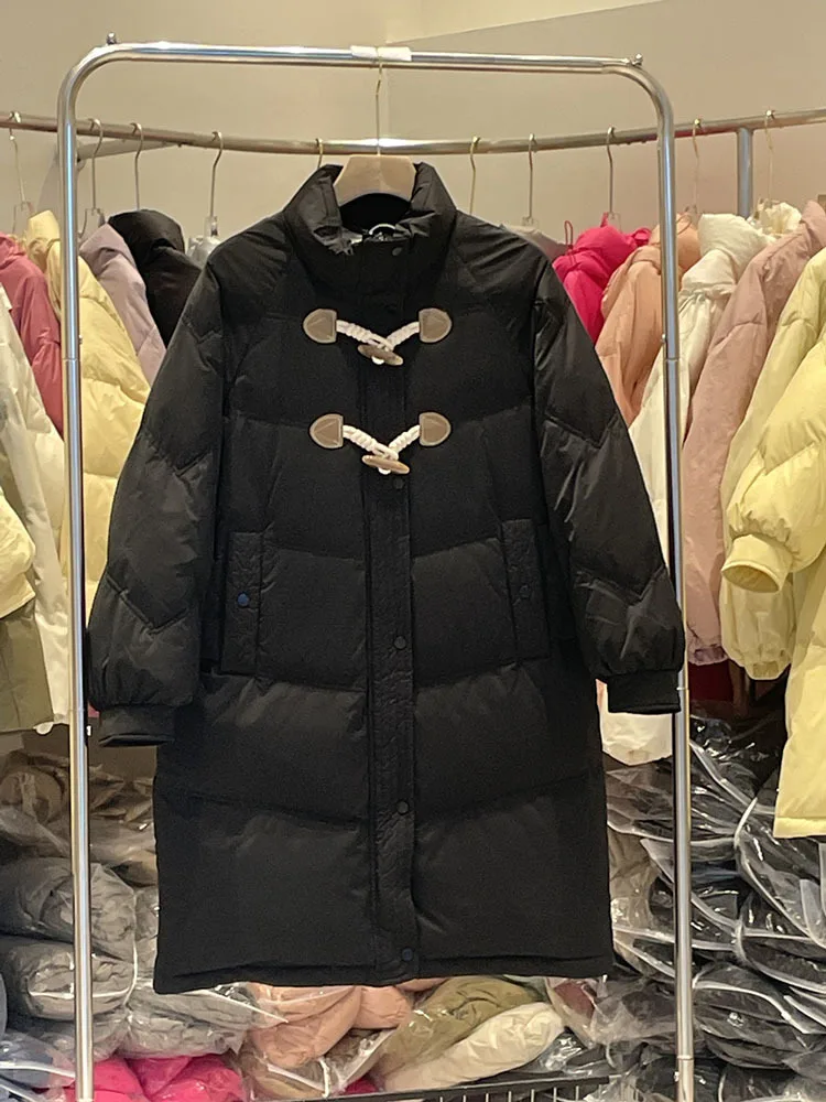 Horn Button Parkas for Women Fall Winter 2023 New Fashion Stand Collar Long Jackets Casual Chic Solid Zipper Down Coats