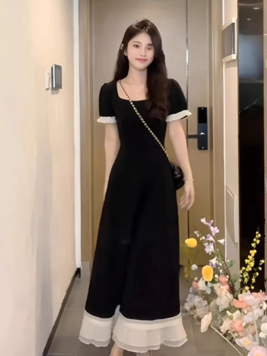 

Fashionable High Waist Splice Dress Women's Summer New plus Size Slimming Square Collar Black Long Dress Korean Style A-Line ...