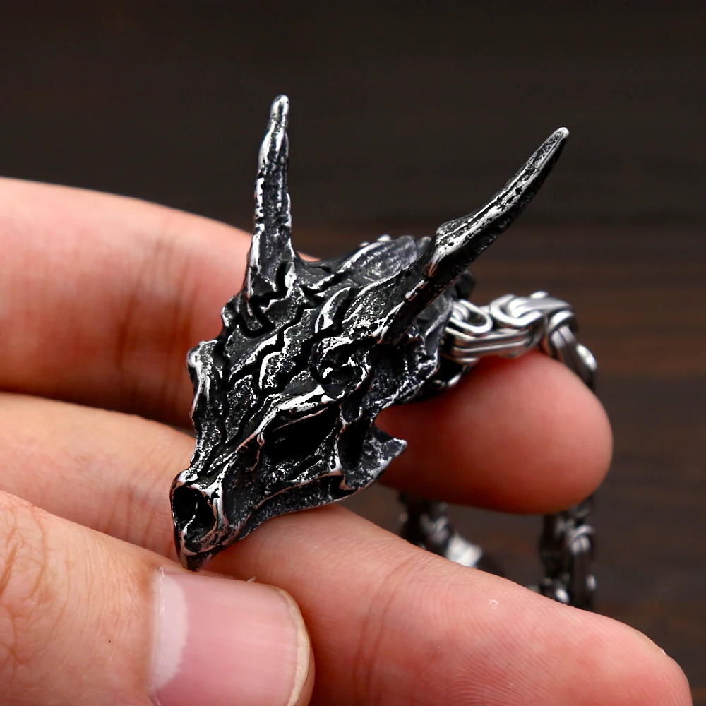 الرجعية الشمال فايكنغ التنين قلادة الفولاذ المقاوم للصدأ الحيوان الجمجمة قلادة للرجال النساء فريد تميمة مجوهرات هدية دروبشيبينغ