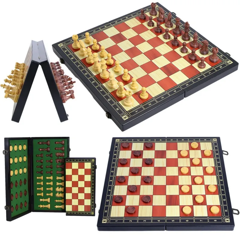 New 2 in 1 Magnetic Chess & Checkers Set Folding Chess Board Magnetic Plastic Pieces Portable Travel Board Game for Kids Adults