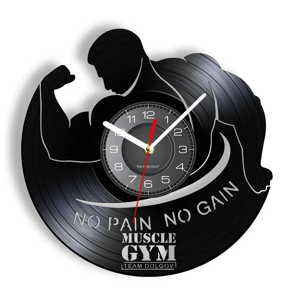 No Pain No Gain Music Gym Vinyl Record Wall Clock Sport Fitness Bodybuilding Vintage LED Backlight Modern Hoem Decor