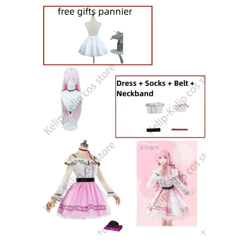 Nikki Anime Infinity Dress para mulheres, Rosa doce Lolita Cosplay Uniform, Roupa de festa Halloween, Conjunto peruca