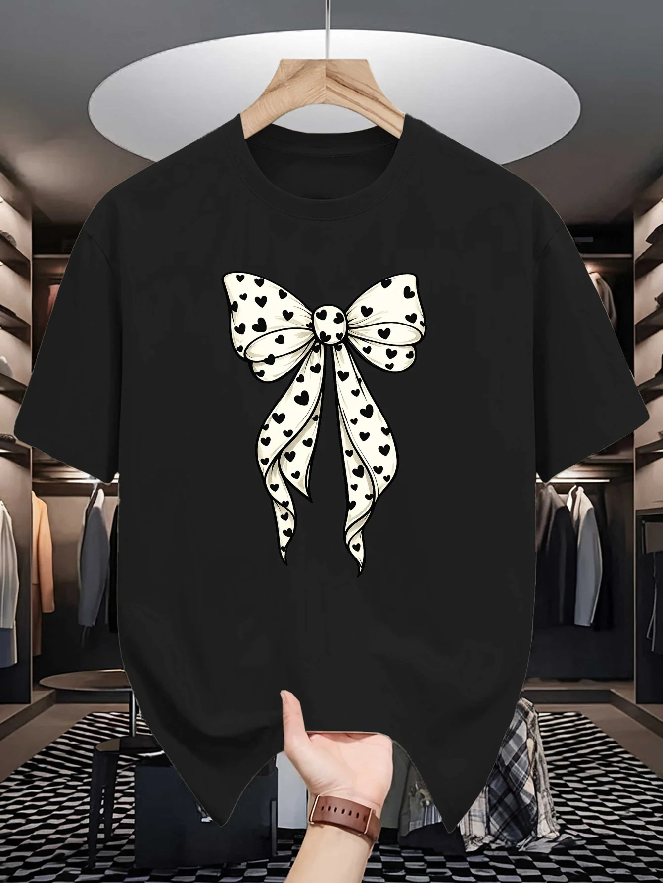 Trendy Ribbon Men Short Sleeve Tshirt Cute Bow With Black Heart Spots Simple Art Print O Neck Tee Fashion Decor Male Casual Tops
