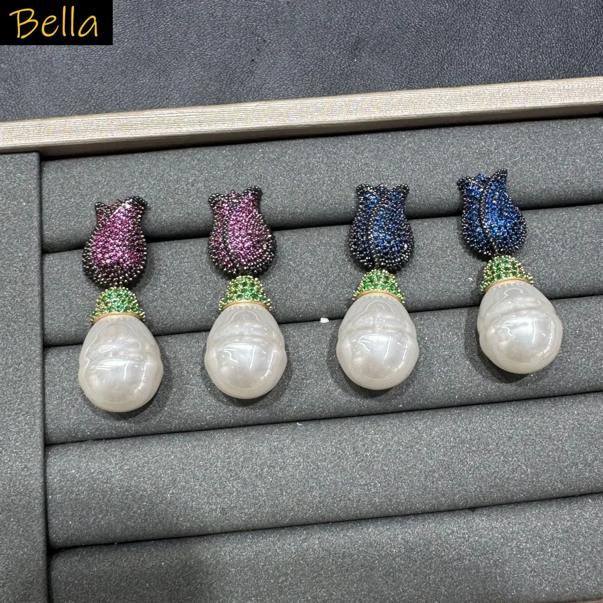 

fashion cubic zirconia pearl earrings for women elegant jewelry gala event dinner party blue fushia pink flower rose earrings