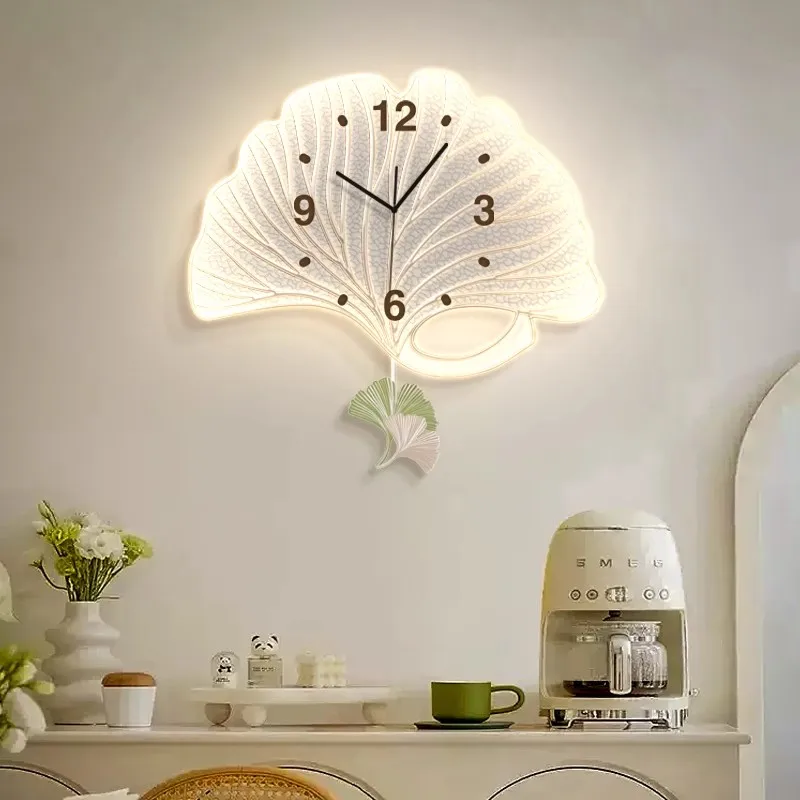 Living Room Gingko leaf swing clock home with personalized fashion clock wall cream wind restaurant led clock