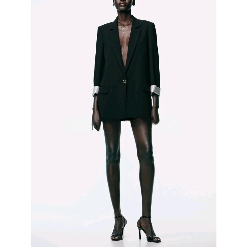 

Осенний новый женский костюм с манжетами в американском стиле Sle Long Sve, джемпер с накладкой на плечо, повседневный свободный крой с откидным воротником