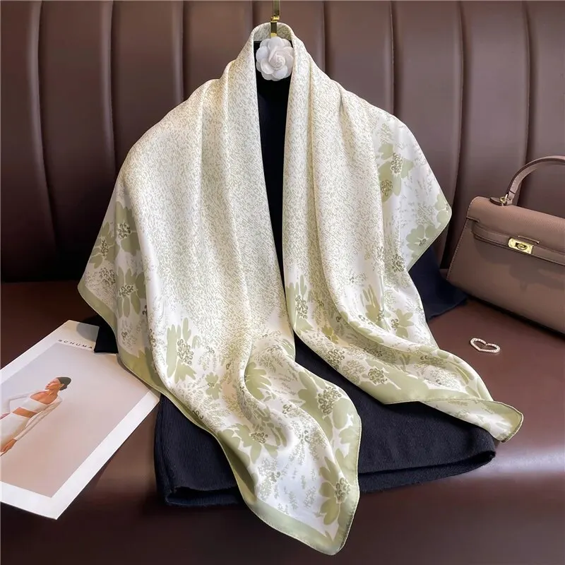 Print Twill Silk 90cm Square Scarf Women Luxury Floral Hair Neckerchief Shawl Wraps Bandanda Hijab Foulard Head Band Echarpe