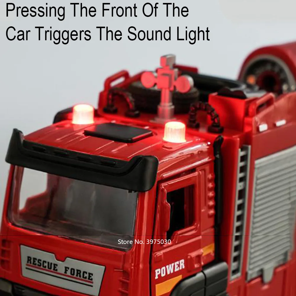 1/32 Spray Fire Engineering Truck Car Toy Model Alloy Diecast Doors Opened Sound Light Rubber Tires Vehicle Collection Kid Gift