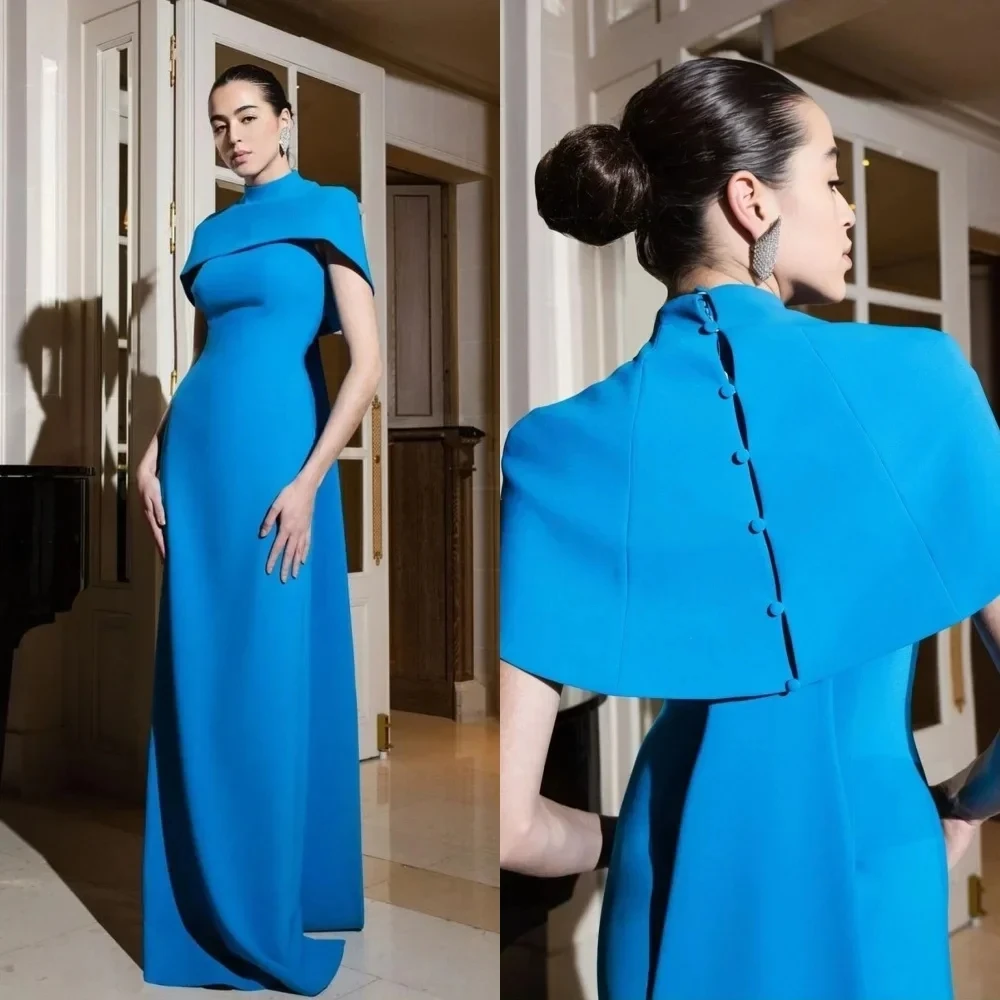 

2025 Modern Blue Prom Dresses Detachable Shawl High Nek Soft Satin Formal Evening Party Gowns Pageant Robe De Soriee
