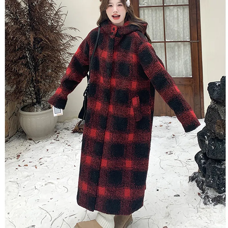جديد شتاء 2026 معطف صوفي منقوش من صوف الضأن معطف نسائي على الموضة النسخة الكورية معاطف فضفاضة بقلنسوة معطف نسائي طويل سميك دافئ #4