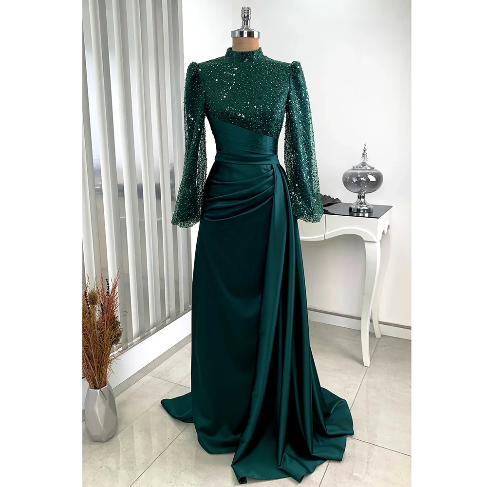 Wunderschöne hohe Kragen lange Ärmel Abendkleid Luxus Pailletten falte drapierte Scheide Kleider Mode Sweep Train Party Ballkleid