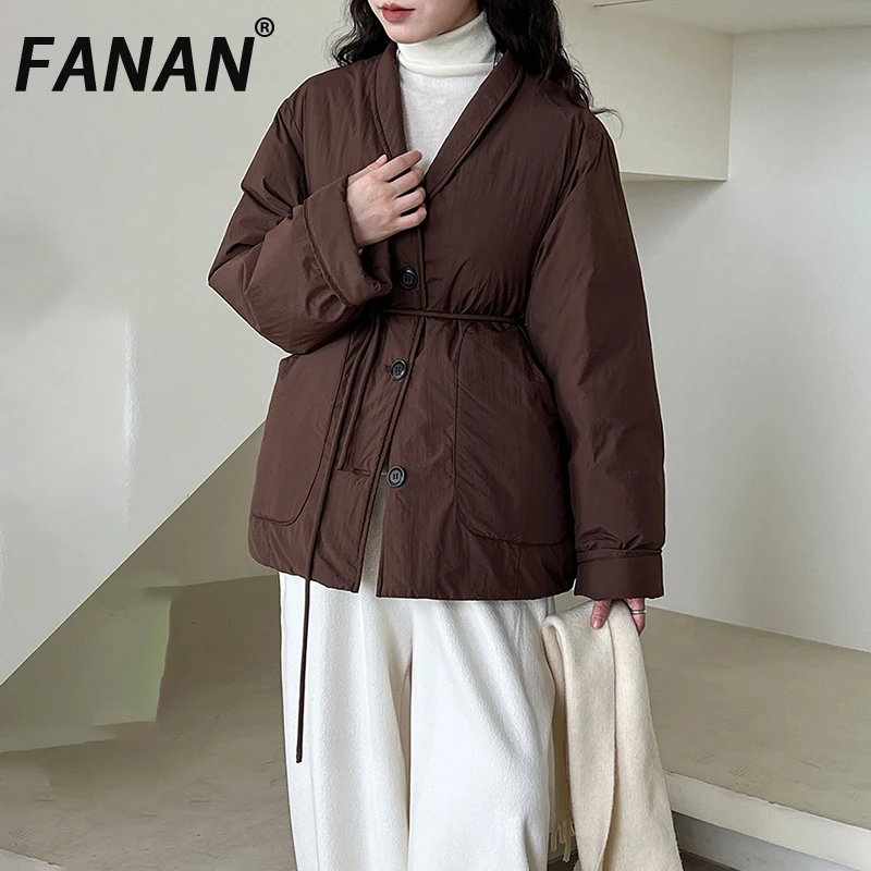 

FANAN толстые теплые пуховые пальто для женщин с v-образным вырезом и поясом, офисная женская парка, модные женские однотонные пальто, новинка 2025 года, зима