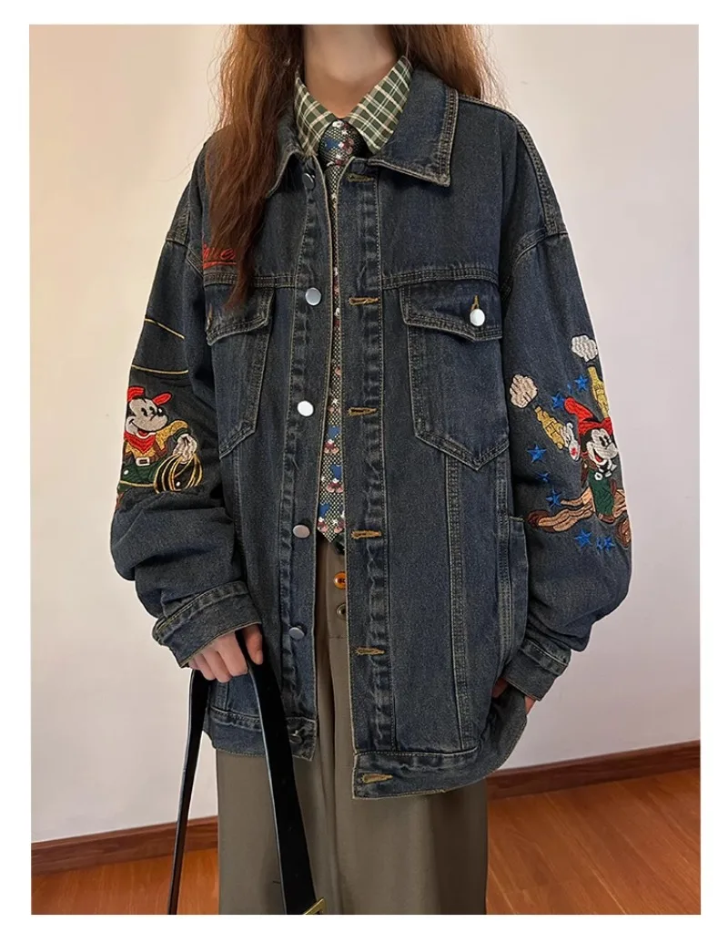 New American Style Vintage Cartoon Embroidered Single-breasted Denim Jacket Women\'s Clothes Autumn Loose Long-sleeve Jaqueta Top