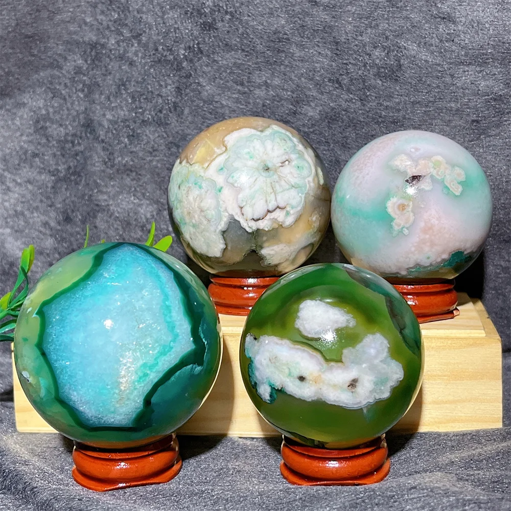 

Natural Green Flower Agate Crystal Sphere Ball Mineral Spiritual Specimen Feng Shui Flash Reiki Home Decoration Energy+Stand