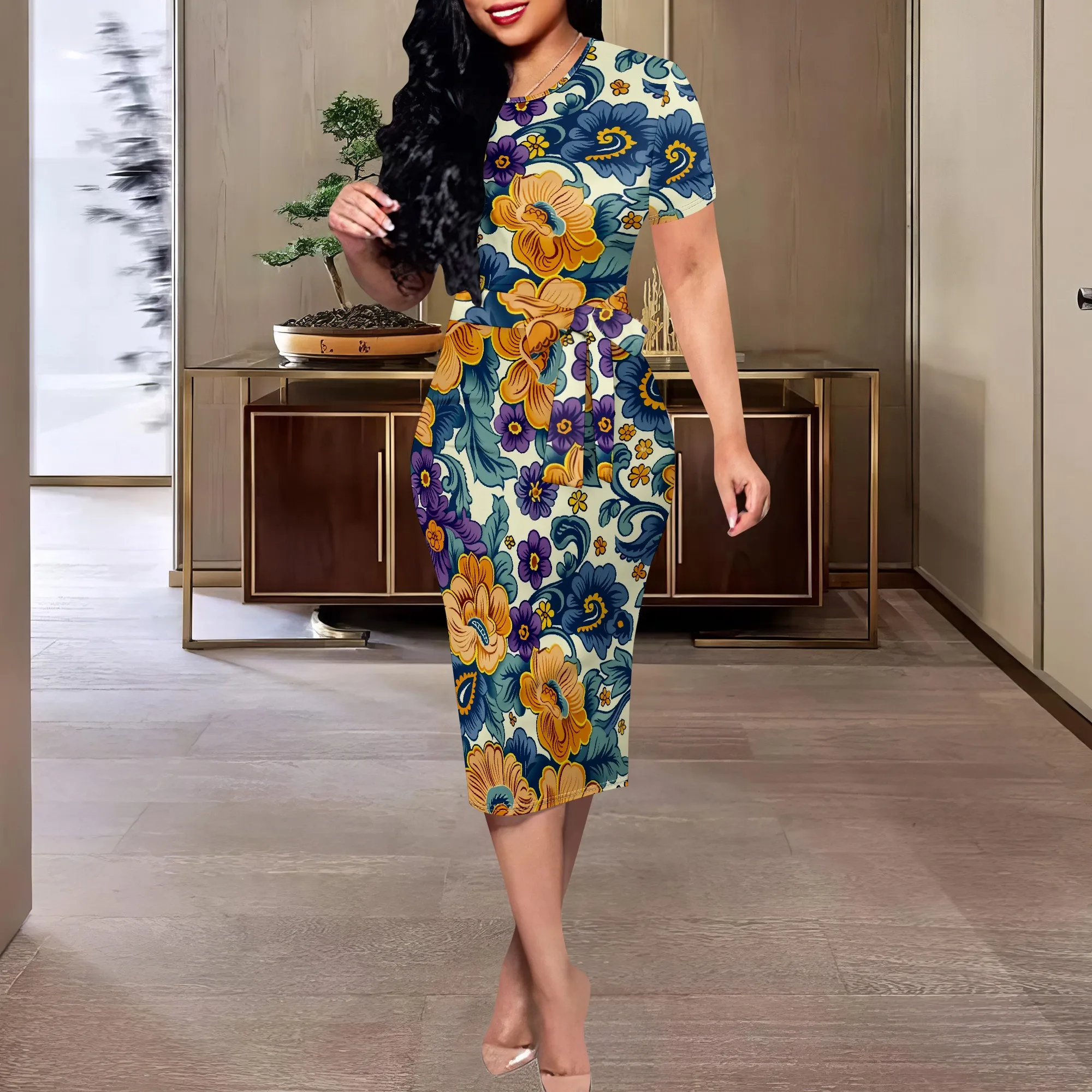 

Women's Retro Floral Print Pencil Dress - Vintage Inspired Office & Autumn Holiday Dress with Belt - XS-3XL