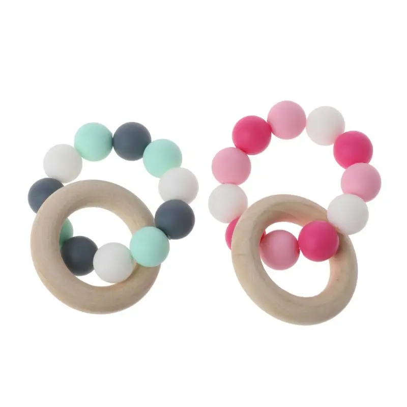 Silicone Pearl + Wooden Ring Teether Bracelet for Baby Girls Teether  2  Sensory Chewable Teether