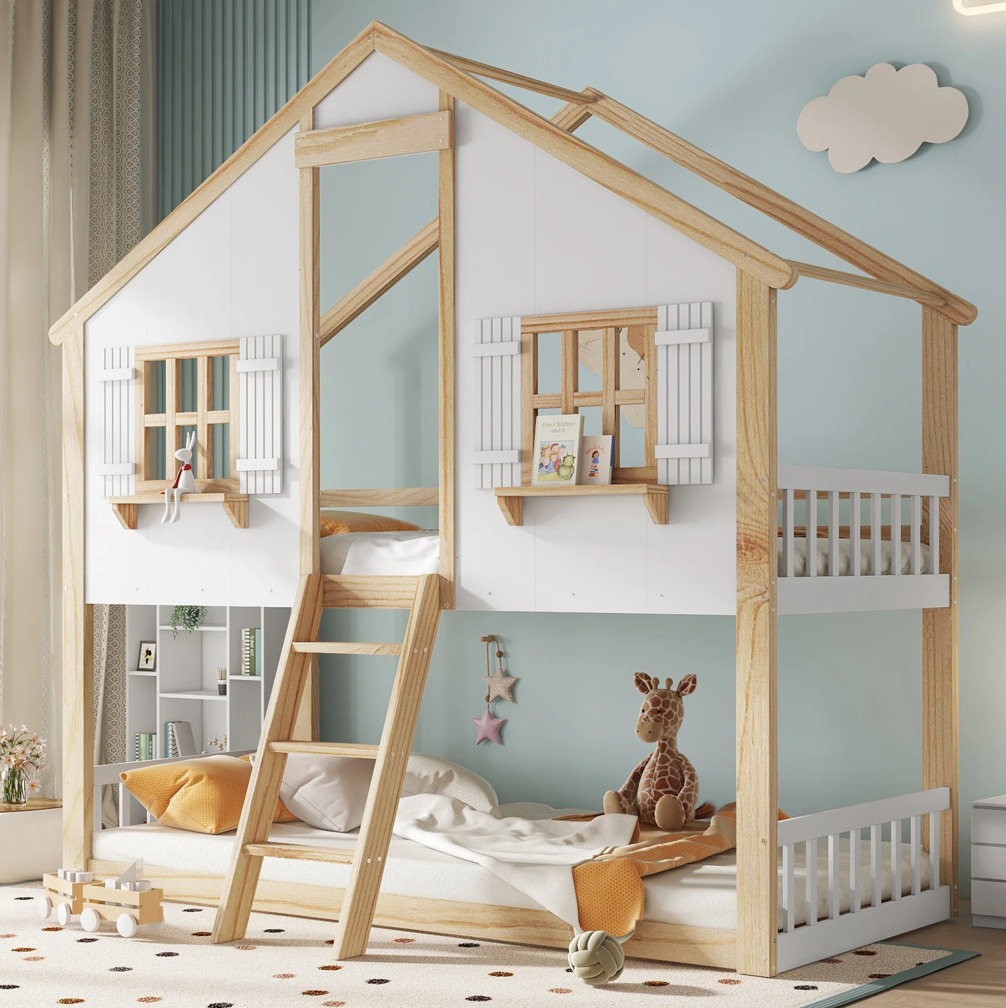Wit en natuurlijk grenen & MDF kinderstapelebed met schuine ladder, veiligheidsrails, 90x200 cm