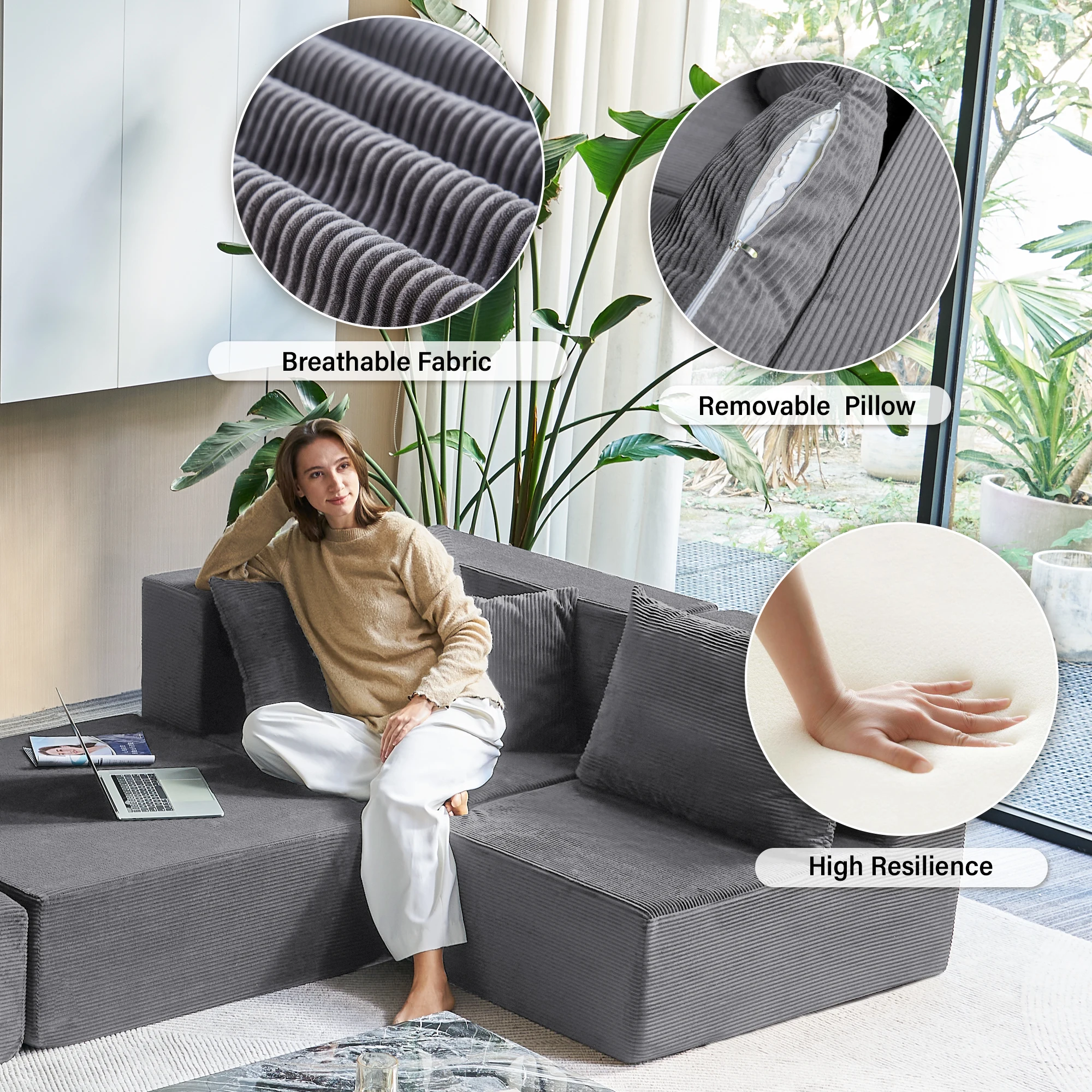 140インチ モジュール式セクショナルソファ カウチ コーデュロイ スリーパー ディープシート ソファベッド、リビングルームフロアソファ用快適クラウドカウチ、6ピース F