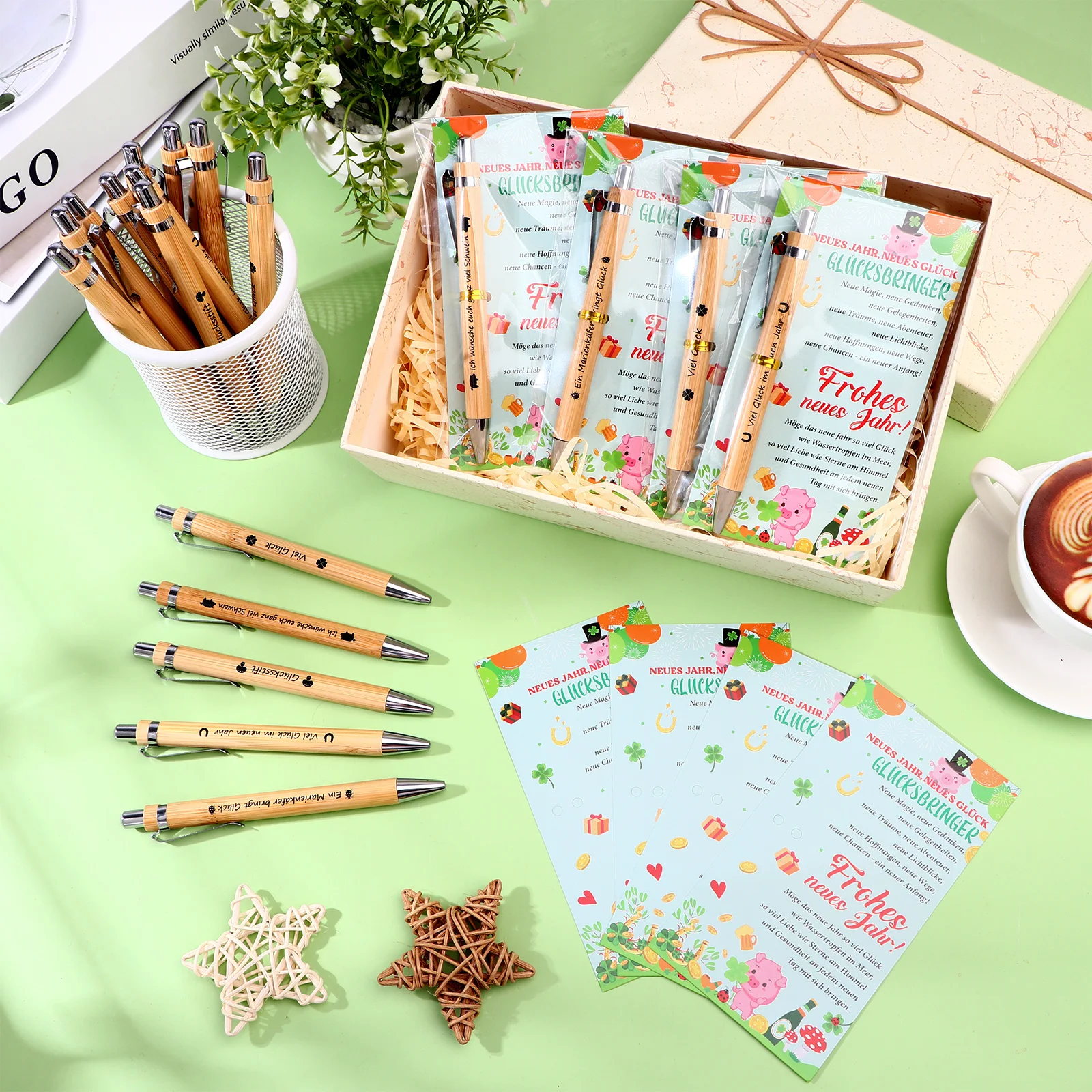30 قطعة من أقلام حبر جاف من الخيزران للعام الجديد، أقلام حبر جاف مخصصة، حقيبة بطاقات السنة الجديدة للمعلم والزميل والموظفين #5