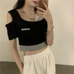 Fashion Harajuke Fake Two Piece T-Shirt Women Summer New Letter Print Cropped Off Shoulder Top Female Short Sleeve Tee