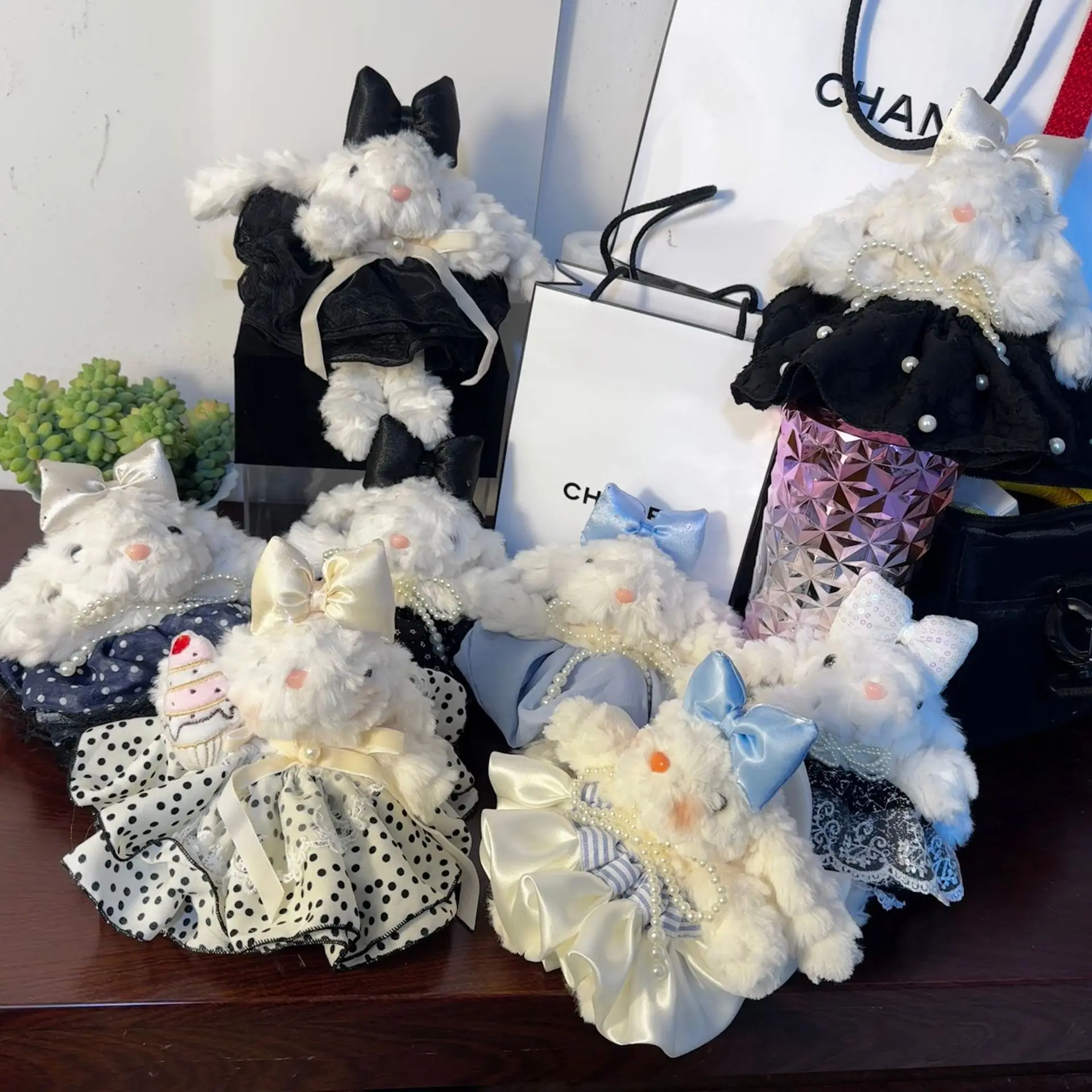 17cm kawaii koronkowa czarna spódnica falujące uszy królik kreskówka pluszowa urocza lalka brelok do kluczy wisiorek prezent urodzinowy dla dzieci