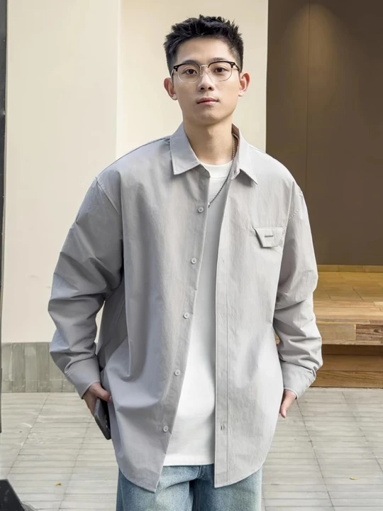 

Легкая быстросохнущая повседневная рубашка для мужчин, весна-осень 2025, новая модель в американском стиле, с защитой от солнца, отложным воротником...