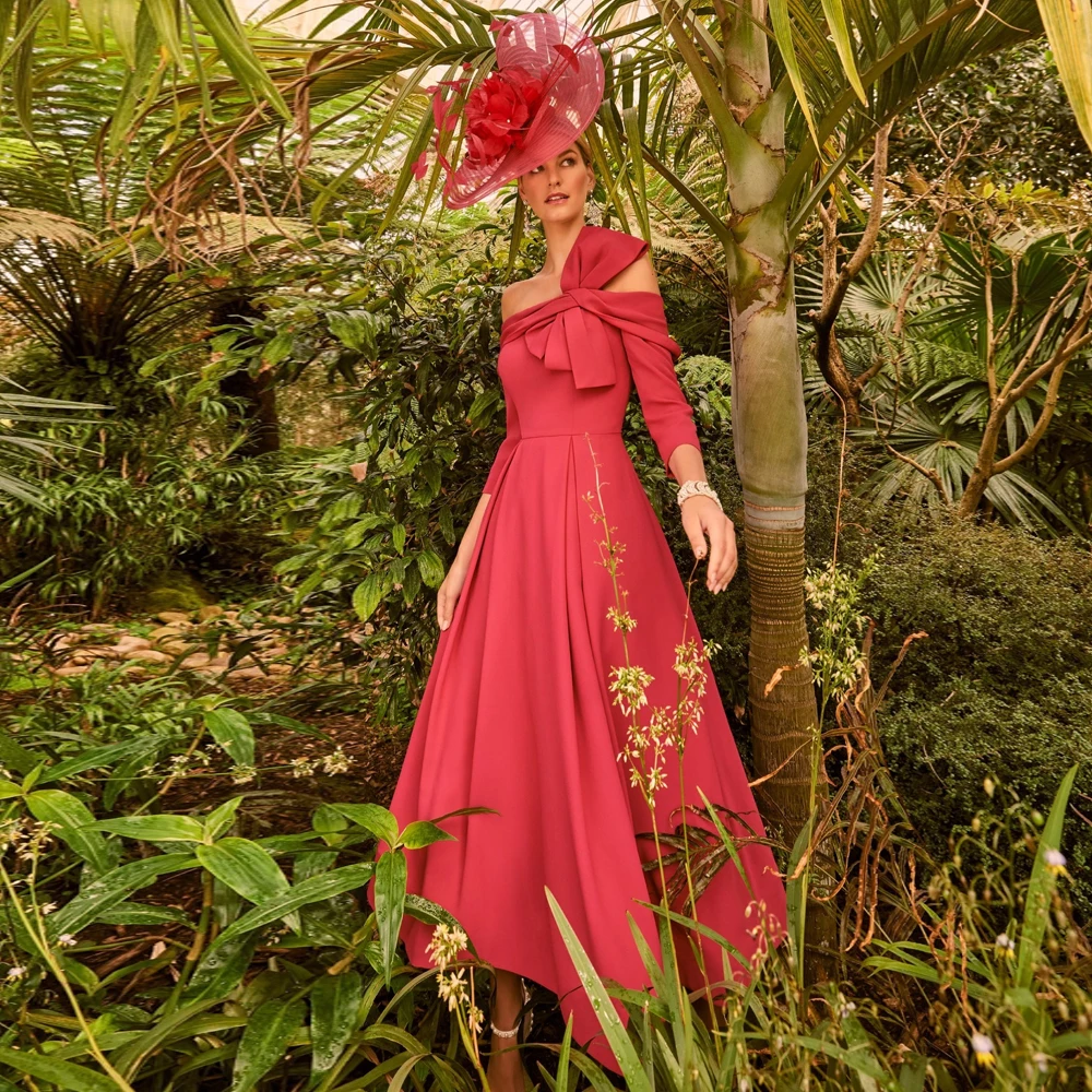 

Elegant One the Shoulder Mother of the Bride Dresses 3/4 Sleeves Wedding Party Gowns Bow Pleat Ankle-Length A-Line فستان سهرة