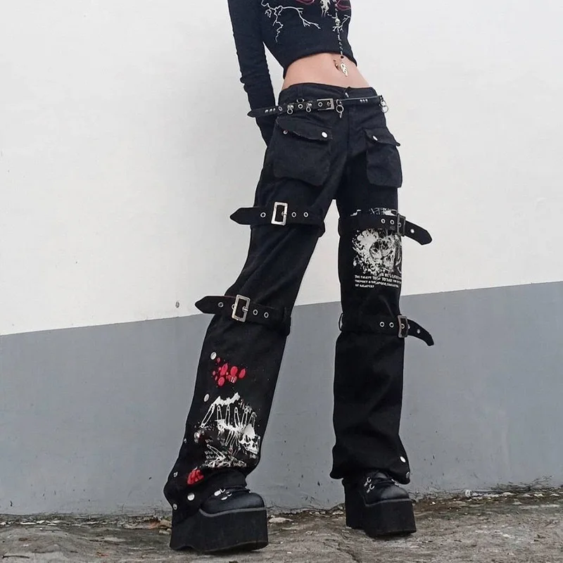 Dark Punk Metal Buckle Jeans Fabric Strip Subculture Black Washed Punk Denim Pants For Men And Women