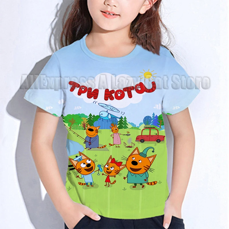 T-shirt à manches courtes trois chatons pour enfants, vêtements de dessin animé Kawaii pour enfants, bébé, garçon, fille, été