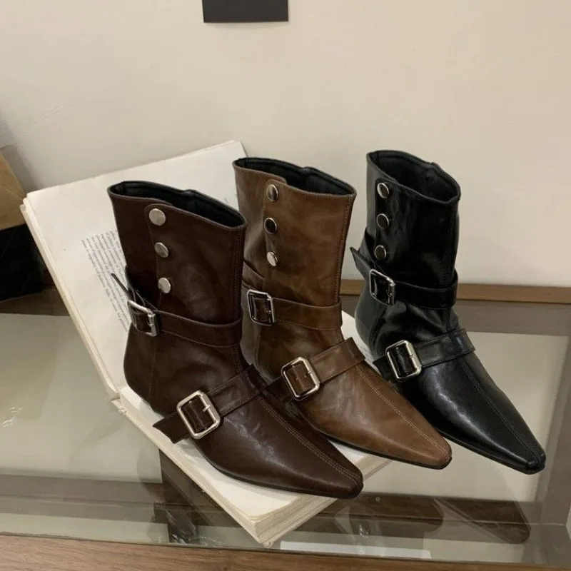 

Pointed Toe Metal Buckle Strap Short Boots For Female Women Thin High Heel 2026 New Leather Fabric Elegant Sexy Winter Shoes 42
