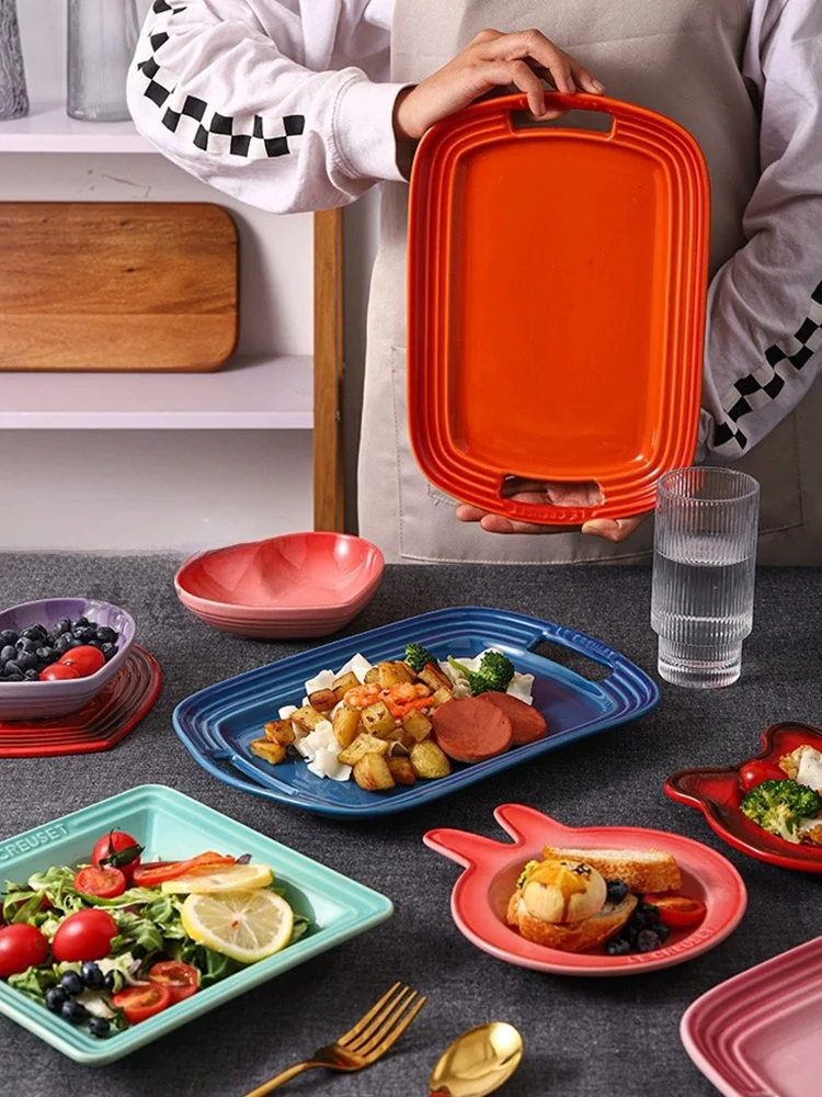 طبق سيراميك LE CREUSET بألوان رائعة، صينية مستطيلة طويلة بمقبضين، طبق عشاء، طبق حلويات، طبق عرض مربع، طبق عشاء غربي