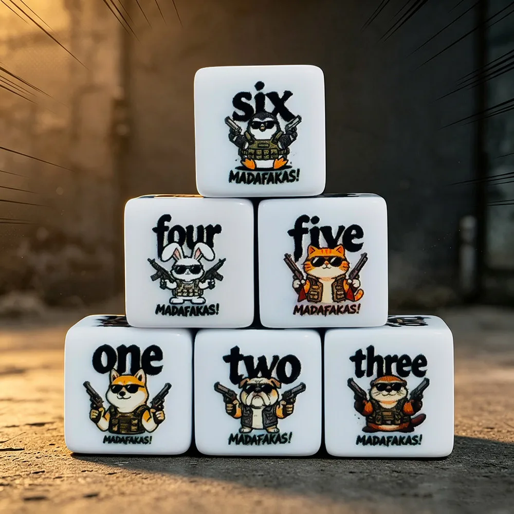 12PCS 16MM Tactical Animal Acrylic D6 Dice, Printed D6 Armed Pet Meme Pattern Set for DND RPG TRPG Tabletop Role Playing Game