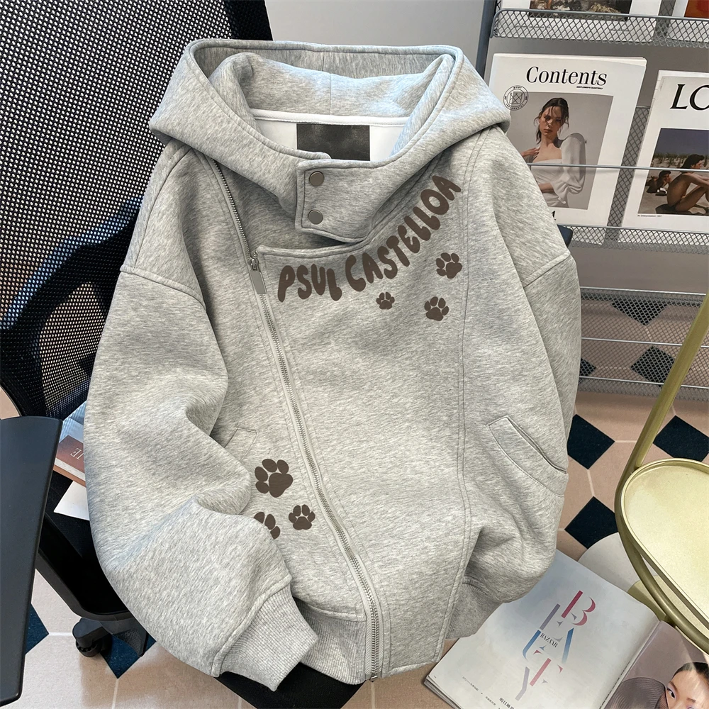 American Style Dark Gray Dog Paw Print Hooded Sweatshirt Men's Autumn Winter Loose Casual White Gray Velvet Hooded Cardigan