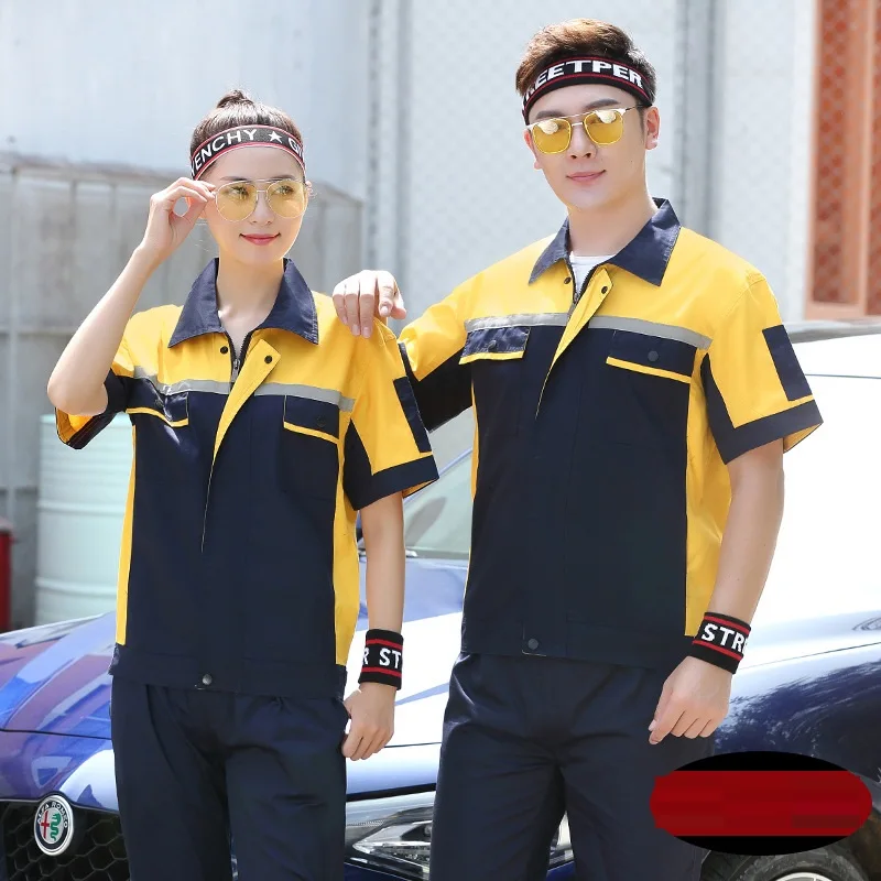 Ropa de trabajo reflectante de verano, Tops con pantalones, traje de trabajo de fábrica de manga corta, uniformes, monos de trabajador, ropa de trabajo de seguridad