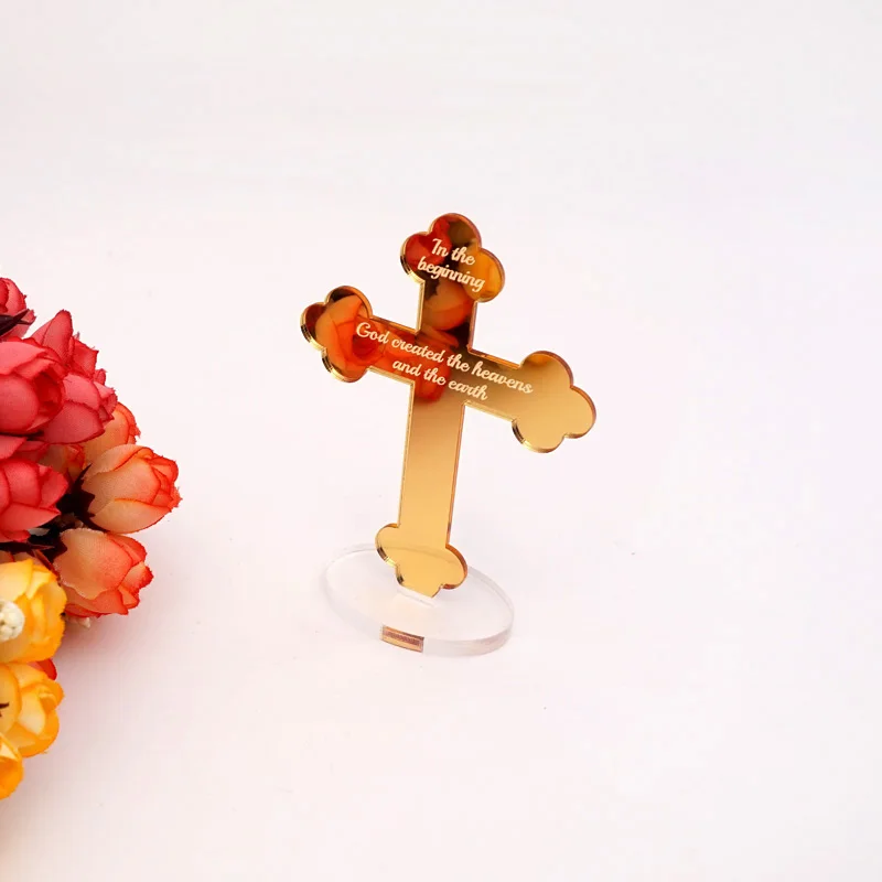 10pcs Acrylic Mirror Cross with Transparent Under Plate Personalized God Bless of The Lord's Prayer Table Decoration