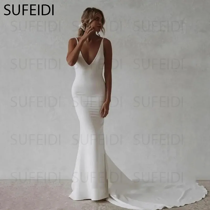 

Elegant Mermaid Wedding Dresses Women Open Back V-Neck Spaghetti Straps Satin Simple Bridal Gowns Sweep Train Vestidos De Noiva