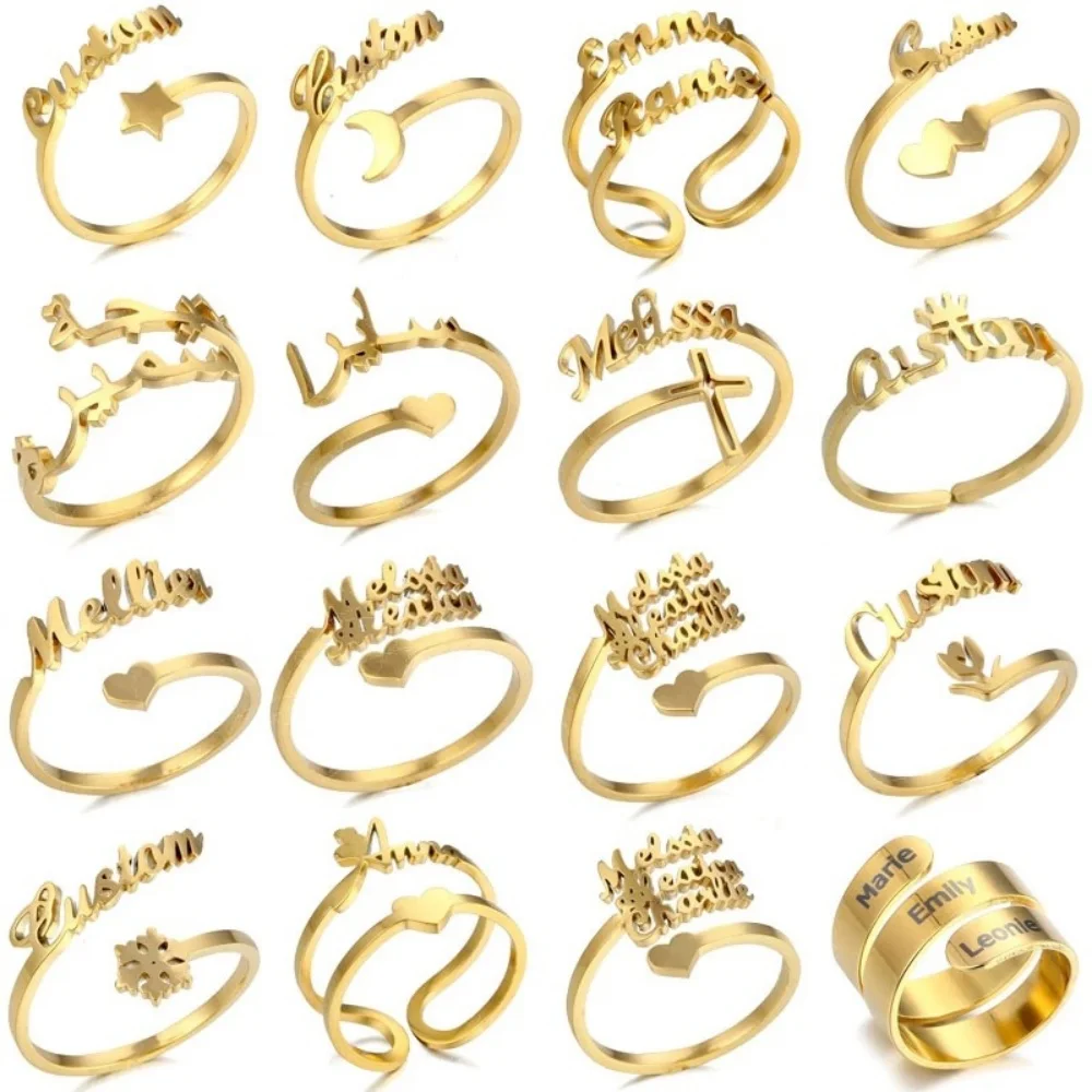 

MEDFOLY Customized Gold Name Rings Adjustable Personalized Custom Nameplate Star Moon Love Heart Statement Jewelry for Women