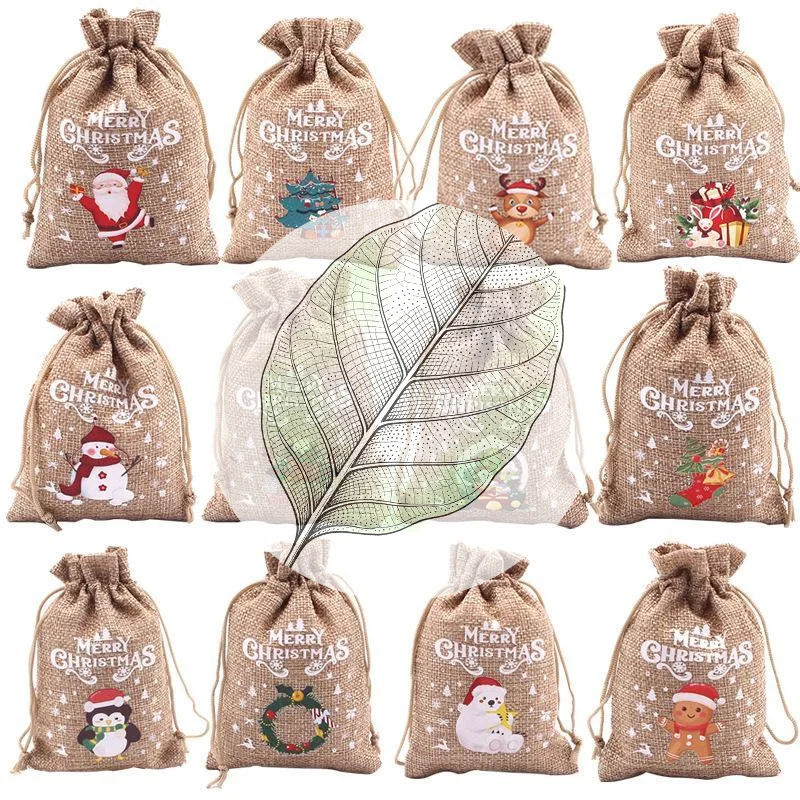 ㉤Burlap Christmas Drawstring Gift Bags With Cute Holiday Prints For Xmas Party Favors Gift Wrapping Decor
